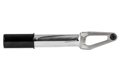 The Ethic DTC Merrow V3 HIC Stunt Scooter Fork by Ethic, shown in raw silver with a black cylindrical tube and hex bolt, is made from 7075 aluminium and displayed on a white background—one of the world’s lightest forks.