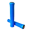 The scene features two Revolution Blue Stunt Scooter Grips, each 172mm in length, from the Revolution brand. These grips are characterized by their vibrant blue color and ribbed texture, crafted from high-grade TPR for a super soft grip. One grip is positioned upright while the other lays horizontally on a white background.