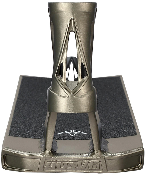 A close-up front view of the Blunt Envy AOS V6 Squad Olive Stunt Scooter Deck (6" x 22") featuring a textured black grip surface and integrated headtube.