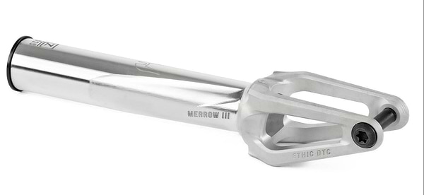 The Ethic DTC Merrow V3 SCS Stunt Scooter Fork in raw silver, crafted from 7075 aluminium with a cylindrical tube and open-ended pronged base engraved “ETHIC DTC” and “MERROW III,” is among the lightest forks, shown on a white background.