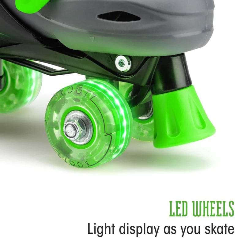 Close-up of Xootz LED Adjustable Quad Roller Skates - Green by Xootz, featuring black and green design with transparent LED wheels that light up as you skate. Ideal for beginners or kids looking for fun, flashing skates.