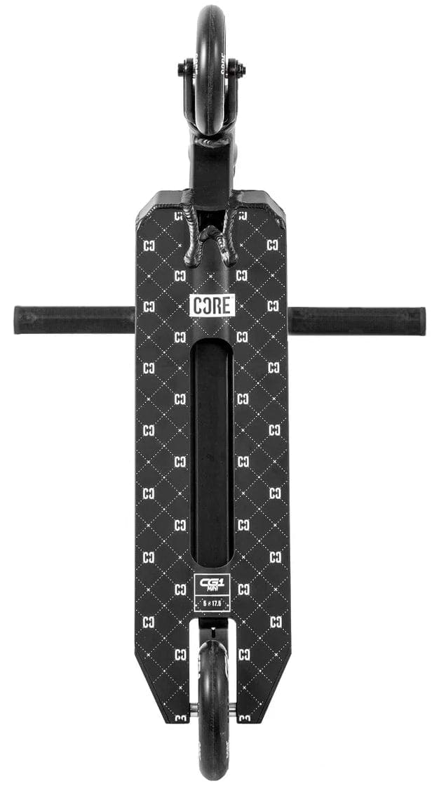 An overhead view of the CORE CG1 Mini Complete Stunt Scooter in black, featuring "CORE" branding, front and rear wheels, geometric-patterned grip tape, and metal handlebars extending horizontally.