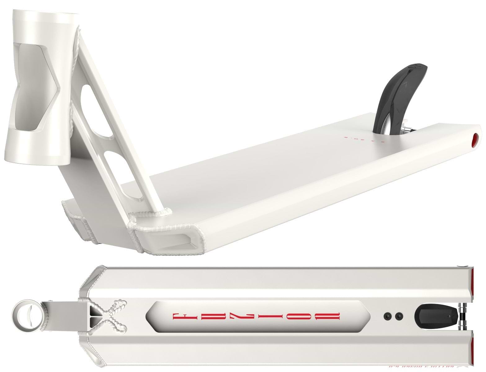 Image of a Fuzion Entropy 2.0 Boxed White Stunt Scooter Deck measuring 5.5" x 22", spotlighting a sleek and modern design with an integrated cup holder on the side. It features bold angular edges, a black rear fender, and the word "VENOM" prominently printed in red beneath it.