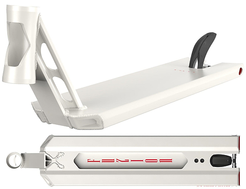 Image of a Fuzion Entropy 2.0 Boxed White Stunt Scooter Deck measuring 5.5" x 22", spotlighting a sleek and modern design with an integrated cup holder on the side. It features bold angular edges, a black rear fender, and the word "VENOM" prominently printed in red beneath it.