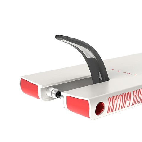 A detailed view of a white surfboard with red highlights showcases a retractable black fin mechanism and lightweight structure. The words "CITYPOP BOARD" are boldly printed on its side in red, reminiscent of the precise craftsmanship found in the Fuzion Entropy 2.0 Boxed White Stunt Scooter Deck.