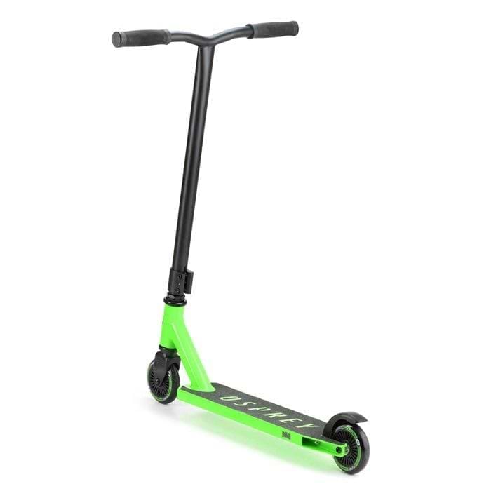 The Osprey Bomb Complete Stunt Scooter - Green features a straight handlebar, small black wheels, and "Osprey" branding on the deck—ideal for beginner riders.