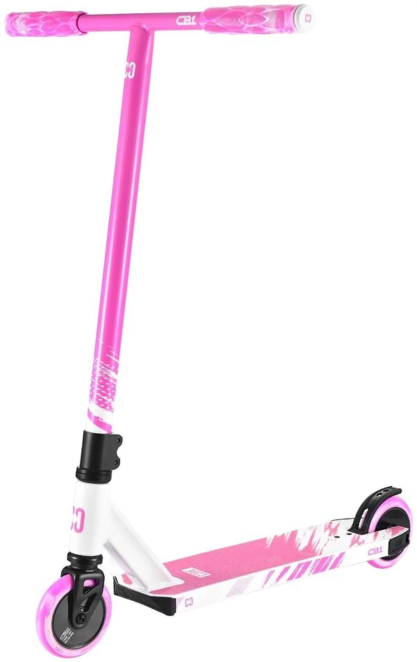 The CORE CB1 Beginner Complete Stunt Scooter by CORE features a white deck with bold pink graphics, a pink handlebar, pink front wheel, and black rear wheel—perfect for beginners seeking a sporty look.