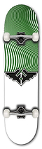 The Fracture Wings V4 Green Complete Skateboard - 7.75" x 31" features a striking green and white wavy pattern paired with a black geometric design. Its 7-ply Canadian Maple deck is outfitted with silver trucks, white wheels, and ABEC 5 bearings for a smooth riding experience.