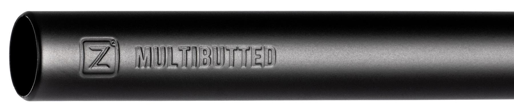 A close-up of the Ethic DTC Wolpertinger Aluminium IHC Stunt Scooter Bars in matte black (670mm x 560mm), showing "MULTIBUTTED" and a square "Z" logo—sleek and ideal for stunt scooters.