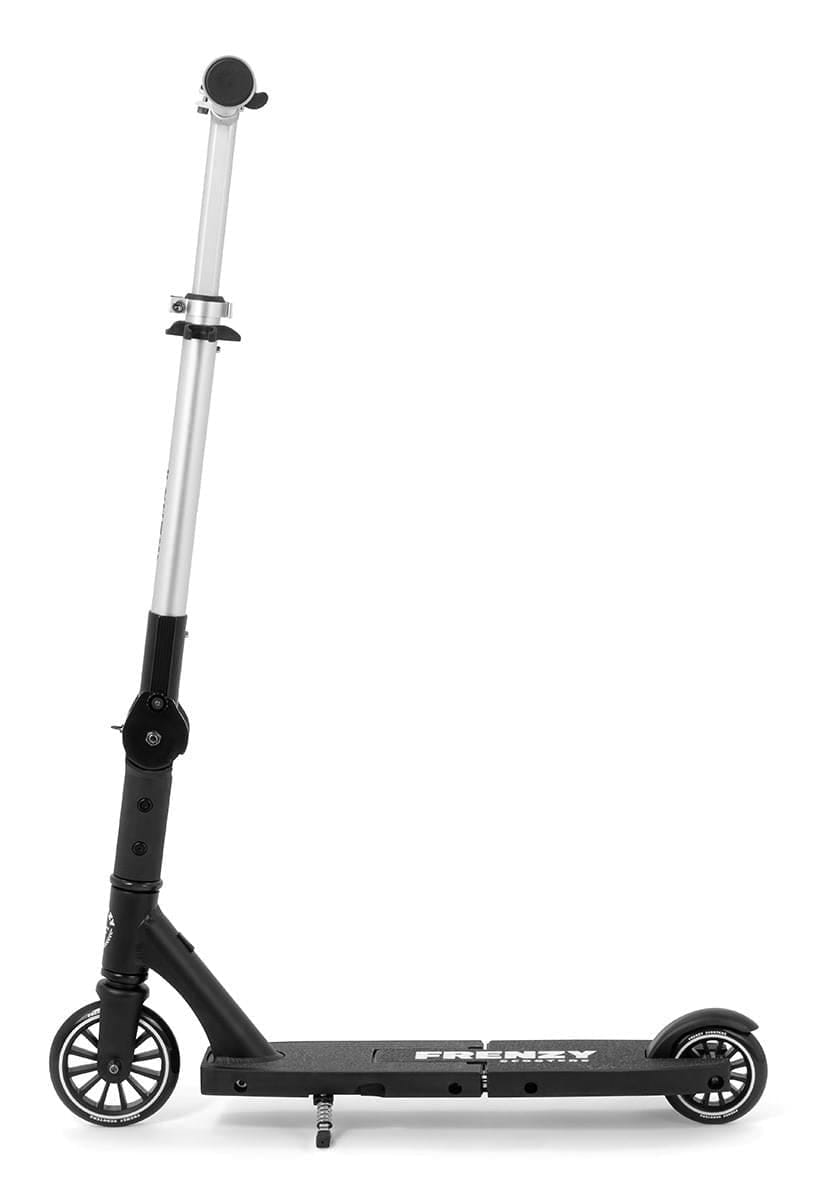 The Frenzy Flex 120mm Recreational Scooter by Frenzy, shown in black and silver, features two wheels, an adjustable handlebar, a footboard, and a patented folding mechanism for compact storage.
