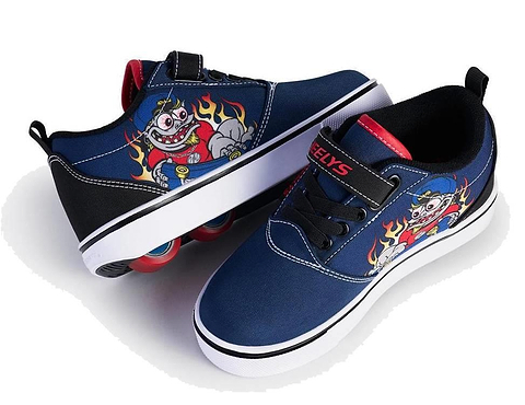 Heelys Pro 20 Prints X2 Boys Shoes - Navy/Red by Heelys feature black laces, white soles, red accents, and a cartoon character with flames on the side. One shoe shows wheels on the sole—fun boys’ shoes with wheels!.