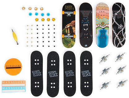 The Tech Deck M01 Deluxe 4 Pack Fingerboards - Maxallure by Tech Deck includes four unique assembled boards, grip tape sheets, trucks, wheels, screws, tools, stickers, and bearing parts—all displayed on a white background.