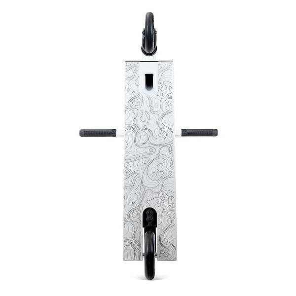 A top-down view of the Madd Gear (MGP) MG 4 Titan Complete Stunt Scooter - Arctic White, featuring black wheels and handlebars, plus a lightweight deck with a subtle light gray abstract contour map pattern.