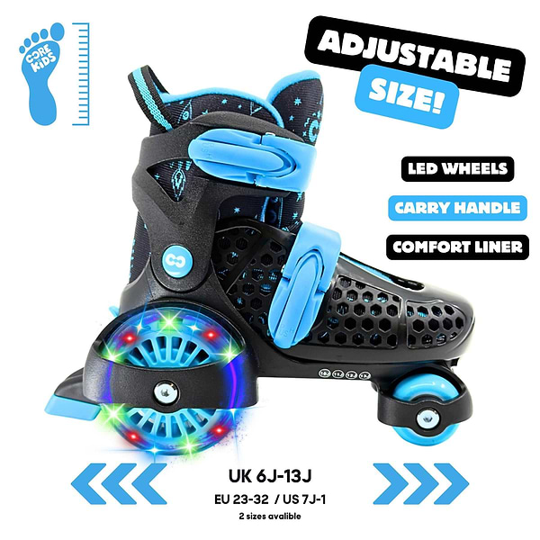 The CORE Kids Newbie LED Adjustable Roller Skates - Black / Blue by CORE feature light-up LED wheels, a comfort liner, carry handle, and adjustable sizing (UK 6J-13J/EU 23-32/US 7J-1), with labels highlighting key features.