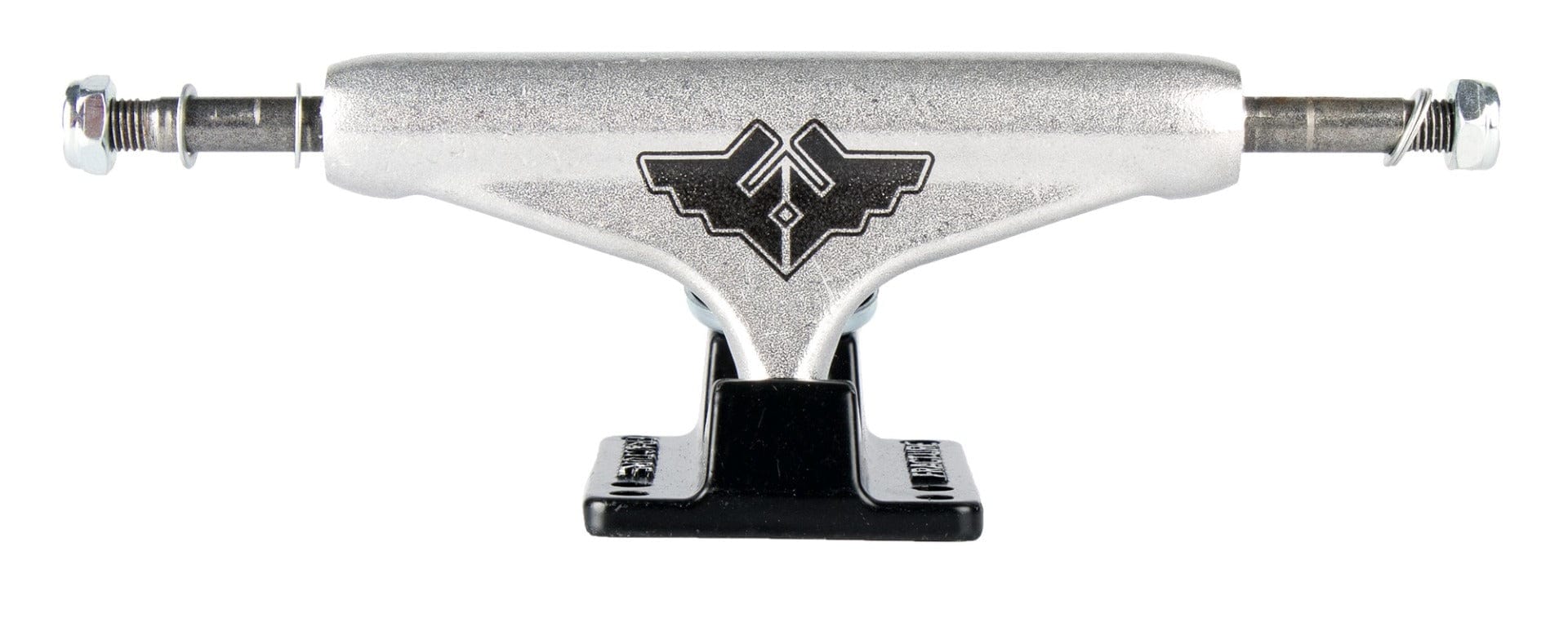 The Fracture Wings V2 Black / Raw Skateboard Trucks (Pair) - 140mm feature a silver aluminum hanger with a black baseplate and logo at its center. Each truck is designed with two axles extending from each side, complemented by 90A bushings for smooth rides.