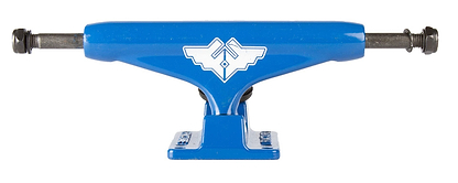 The Fracture Wings V2 Blue Skateboard Truck showcases a white geometric logo in the center, complemented by a silver axle and bolts on either end. Its aluminium hanger enhances both durability and precision. Displayed horizontally against a white backdrop, this truck exemplifies the exceptional quality of Fracture Wings skateboard products.