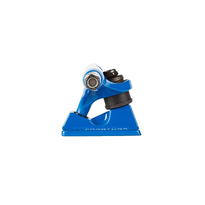A close-up view of a Fracture Wings V2 Blue Skateboard Truck, featuring its sleek aluminium hanger. Captured from a side angle, the image showcases its metallic finish and components, including the kingpin and bushings, against a plain white background.
