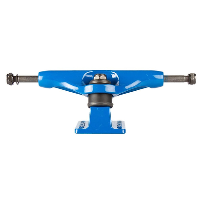 The Fracture Wings V2 Blue Skateboard Trucks, measuring 133mm and sold as a pair, highlight their aluminum hanger and mounting base from the front. These trucks boast a shiny finish with black bushings and silver-toned nuts at both ends of the axle, exemplifying Fracture's robust design.