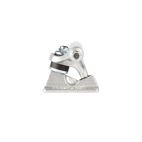 The Fracture Wings V2 Raw Silver Skateboard Truck, set against a plain white backdrop, highlights its sleek polished silver design. Equipped with a baseplate and kingpin, this truck also prominently displays its 90A bushings near the pivot point.