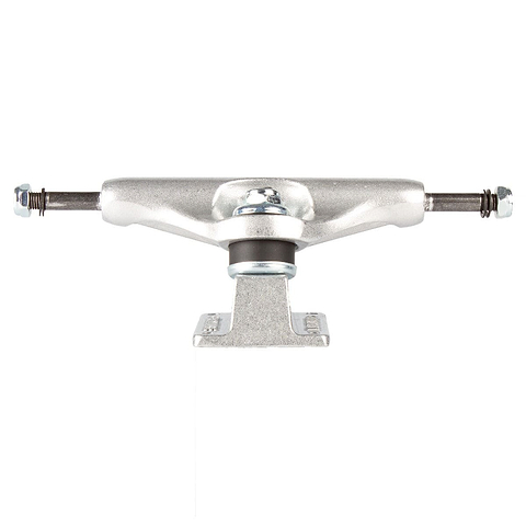 A Fracture Wings V2 Raw Silver skateboard truck, sized at 133mm, boasts a shiny silver finish and 90A bushings, complete with a sturdy baseplate and two metal axles extending outwards against a white background.