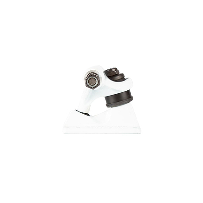 A Fracture Wings V2 White Skateboard Truck from the 127mm series, featuring an aluminum hanger and a shiny metallic bolt, along with a black component, set against a plain white background.