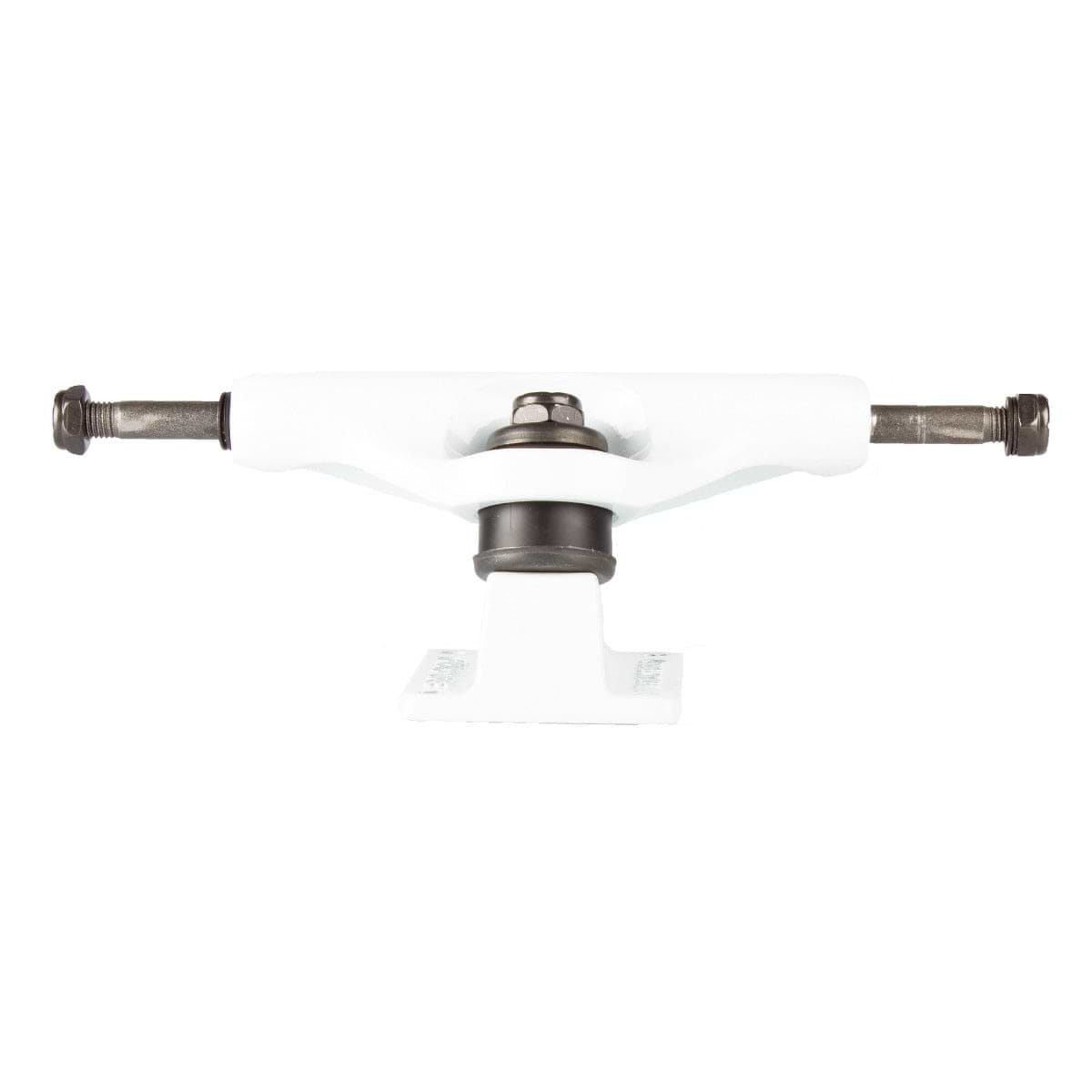 The Fracture Wings V2 White Skateboard Truck, part of the 127mm pair by Fracture, showcases its sleek design against a plain white background. The aluminum hanger highlights its metal axles and nuts on both ends, with the central pivot and baseplate clearly visible.