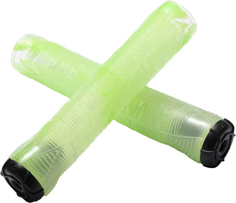 The Blunt Envy Flangeless V2 Smoke Green Stunt Scooter Grips, measuring 160mm, are crossed over each other. These lime green grips with black ends are made from Thermo Plastic Rubber and have a textured surface for improved grip, ideal for stunt scooter enthusiasts.