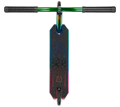 Top view of the Sullivan Antic V2 Complete Stunt Scooter by Sullivan, featuring black grip tape with geometric patterns, oil slick neochrome rainbow handlebars, and two small black wheels.
