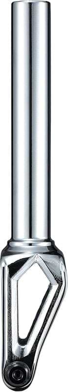The Blunt Envy Diamond IHC Stunt Scooter Forks in Chrome Silver, with their long cylindrical shape and sturdy triangular structure, offer precise craftsmanship similar to a high-quality potato peeler made from CNC 6063 Aluminium.
