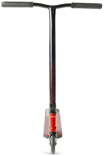Front view of the Madd Gear Viral Purge Complete Stunt Scooter - Cherry, featuring textured grips, a T-shaped handlebar, single front wheel, and bold red grip tape—perfect for tricks at the skatepark.