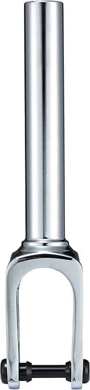 Close-up of a shiny metal object with a cylindrical top and a forked bottom, resembling the Blunt Envy Diamond IHC Stunt Scooter Forks in Chrome Silver. The forked part features a bolt at the base, crafted from precision CNC 6063 Aluminium. The surface reflects light, emphasizing its polished finish.