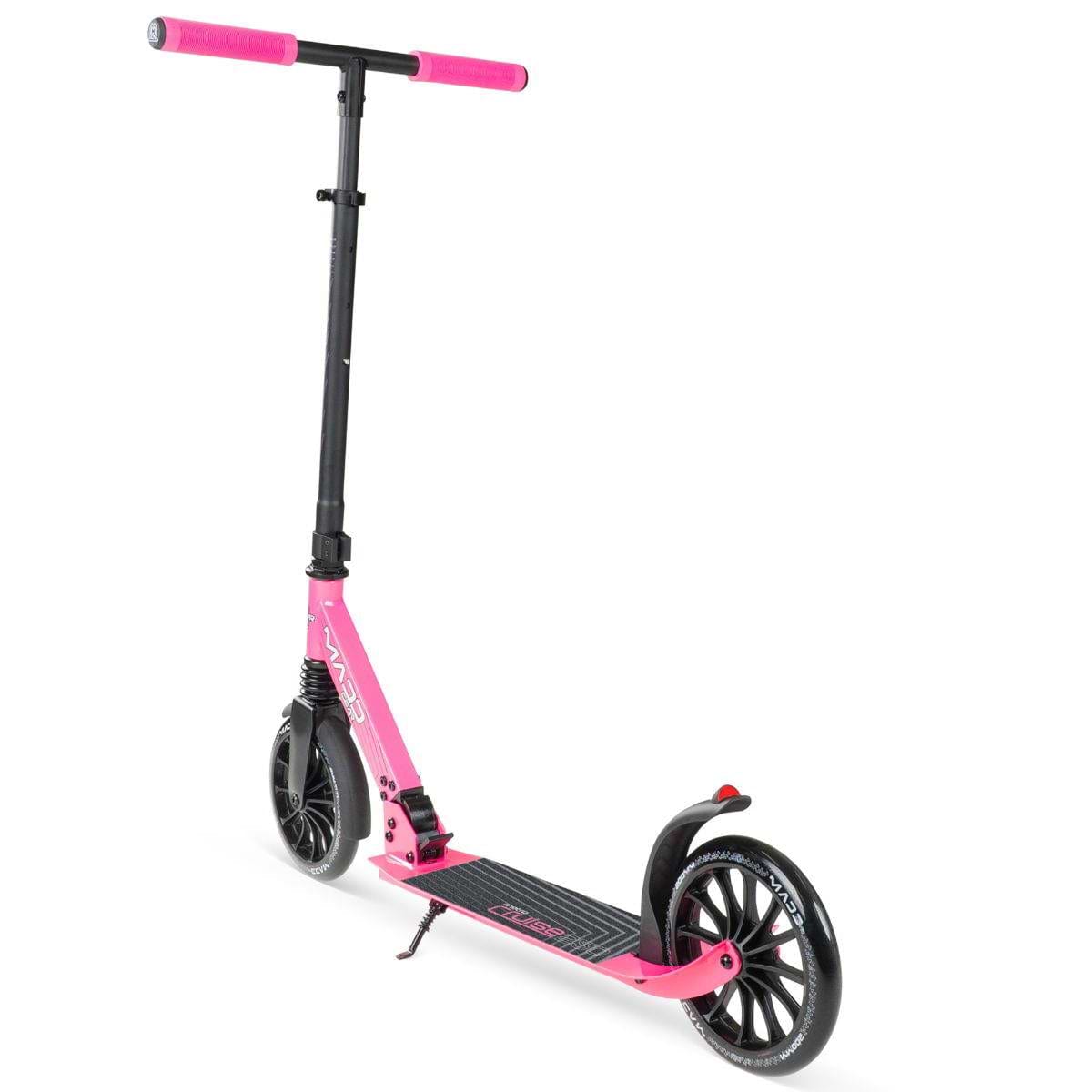 The Madd Gear Metro Cruise 250 Foldable Commuter Scooter by MGP in black and pink features large wheels, adjustable height, a grip tape deck, and a rear foot brake. The scooter is shown angled on a white background.