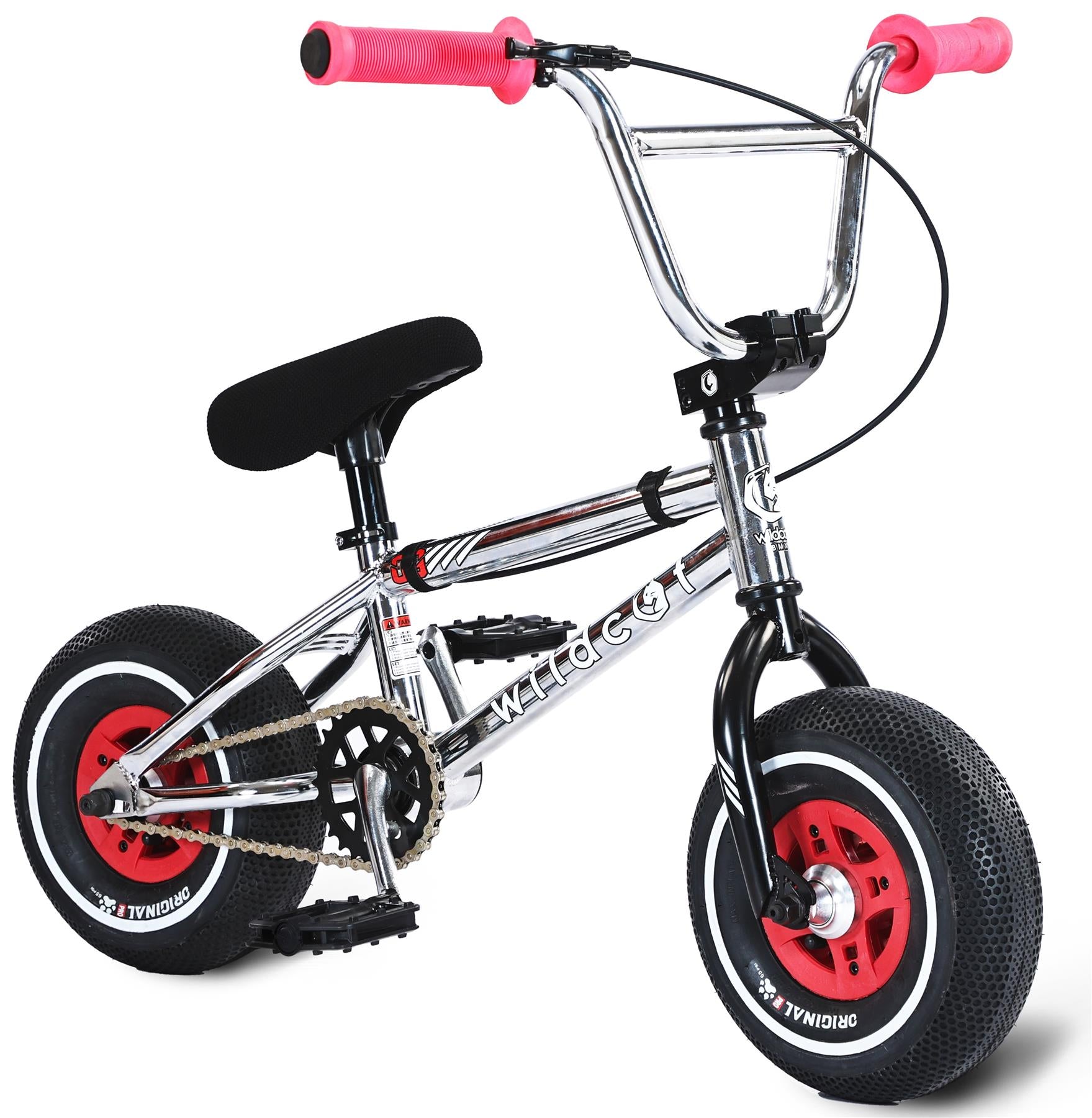 The Wildcat OG 3A Mini BMX Bike - Galaxy Red by Wildcat features thick black PRO Street 65PSI tyres, CNC aluminium red rims, black pedals and seat, and pink handlebar grips. Shown against a white background.