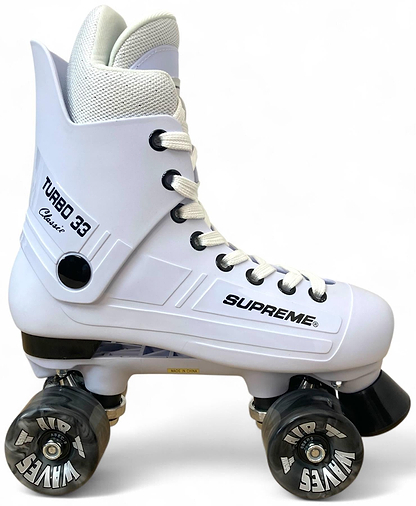 The Supreme Turbo 33 Nylon Quad Roller Skates in white feature black swirl wheels, white laces, a high ankle collar, and retro styling. "Supreme Turbo 33" and "Turbo 33 Classic" appear on the side for extra style.