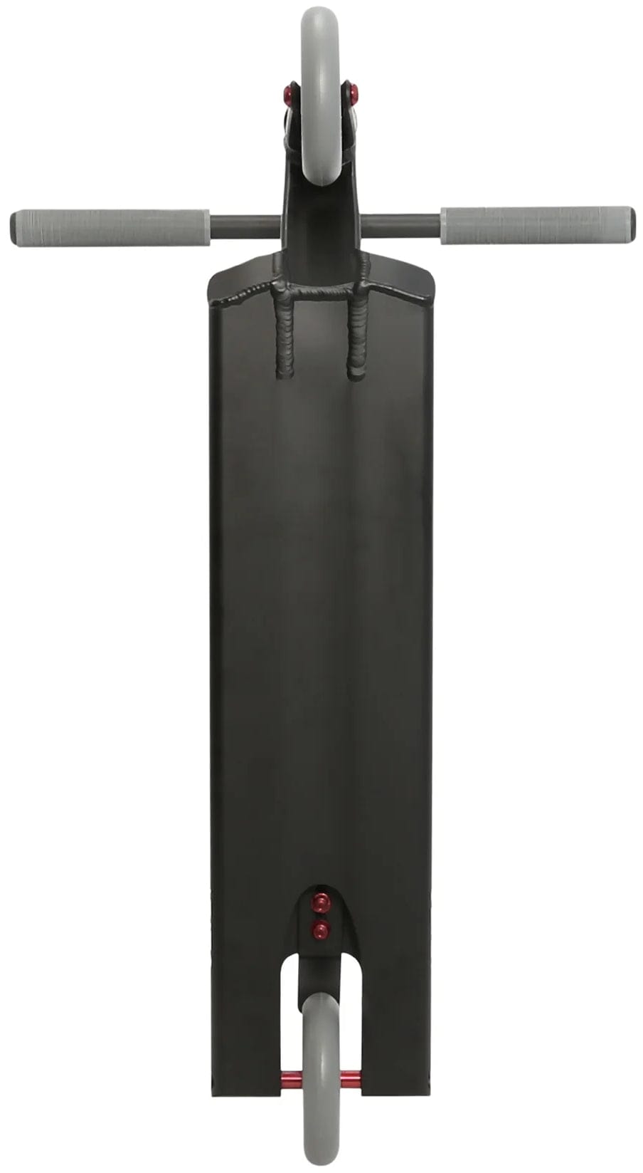 Top-down view of the Aztek Architect 2 Complete Stunt Scooter by Aztek in Satin Black, showcasing its black and gray deck, handlebars, and two vertically aligned wheels.