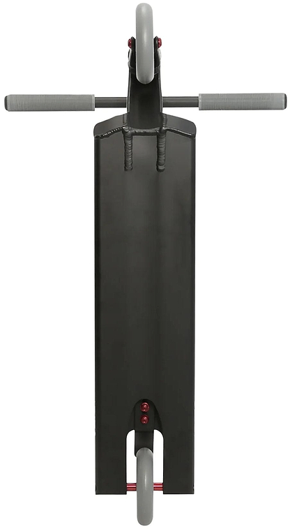 Top-down view of the Aztek Architect 2 Complete Stunt Scooter by Aztek in Satin Black, showcasing its black and gray deck, handlebars, and two vertically aligned wheels.
