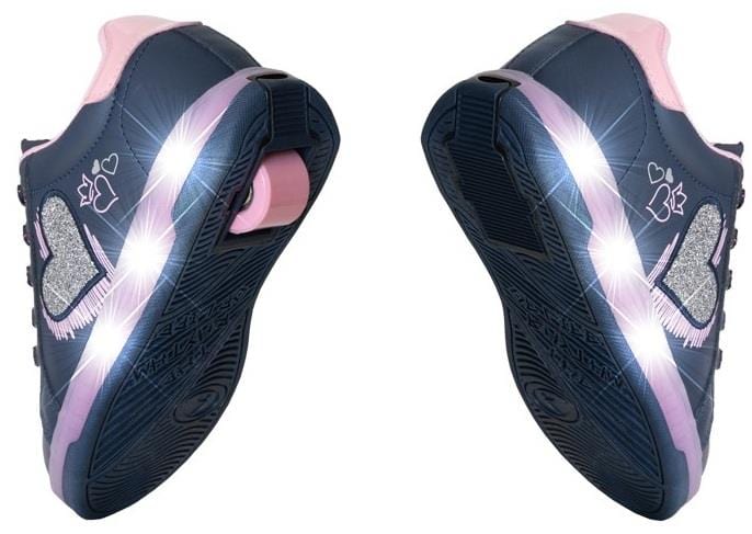 Breezy Rollers Blast Shoes - Purple by Breezy Rollers are children's sneakers with glittery wing designs, heart motifs, LED soles, and a patented retractable wheel system in each heel.