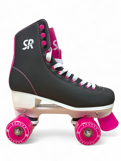 The Supreme Malibu Quad Roller Skates - Black / Pink by Supreme are shown with white laces, pink wheels, and white "SR" side logo—stylish and comfortable skates, ideal for outdoor fun.