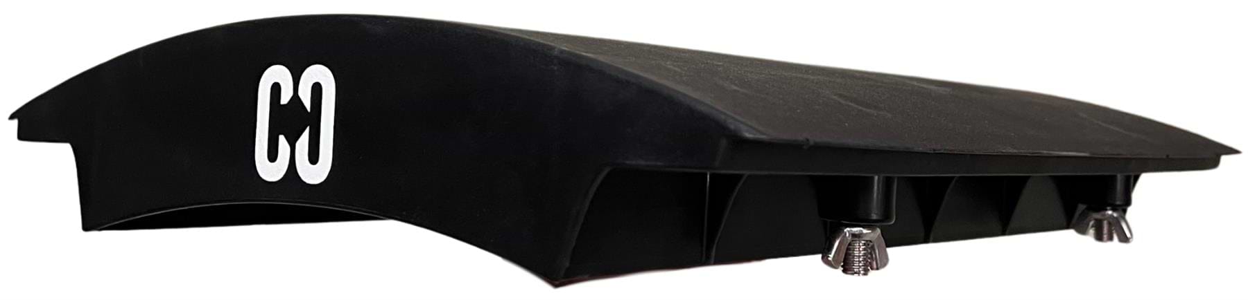 The CORE Mini Wave Bridge Connector is a black, curved plastic piece with a white "CORE" logo and three adjustable screw-like legs, ideal for connecting CORE Kickers or upgrading your skate ramp setup.