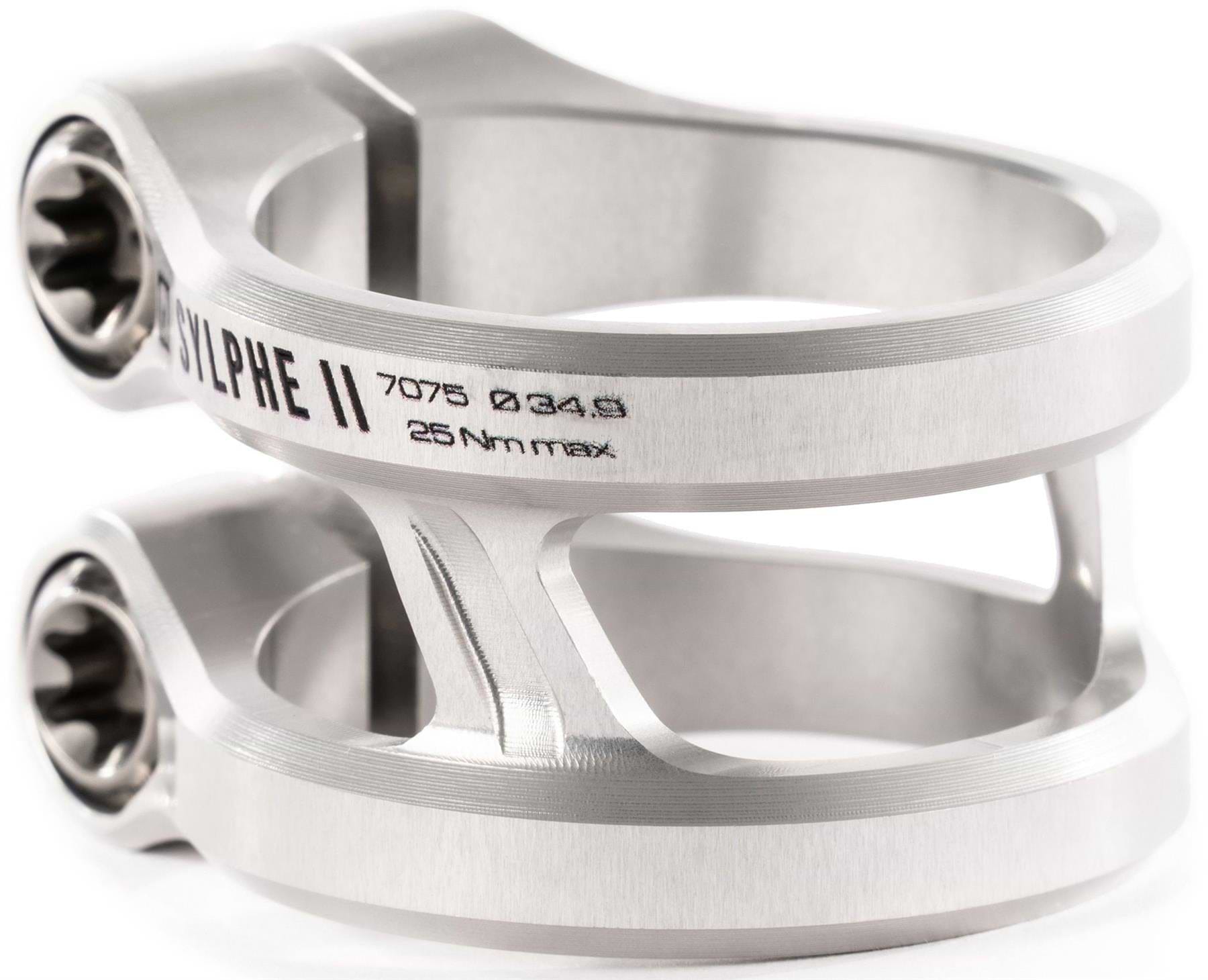 Close-up of the Ethic DTC Sylphe V2 2 Bolt Oversized Stunt Scooter Clamp in Raw finish, featuring engraved "SYLPHE II 7075 034.9 25Nm max." text, a smooth design, and visible bolt heads on each side. Brand: Ethic.