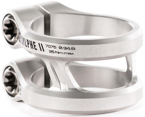 Close-up of the Ethic DTC Sylphe V2 2 Bolt Oversized Stunt Scooter Clamp in Raw finish, featuring engraved "SYLPHE II 7075 034.9 25Nm max." text, a smooth design, and visible bolt heads on each side. Brand: Ethic.