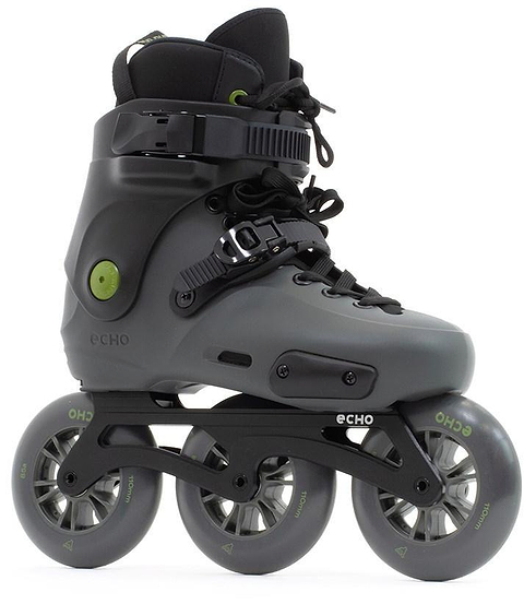 The Echo Sonar 3 Wheel Inline Freeskates - Black by Echo feature a hard boot, ankle strap, and laces, designed for city cruising enthusiasts. Shown in side view facing left, they offer support and style for urban skaters.