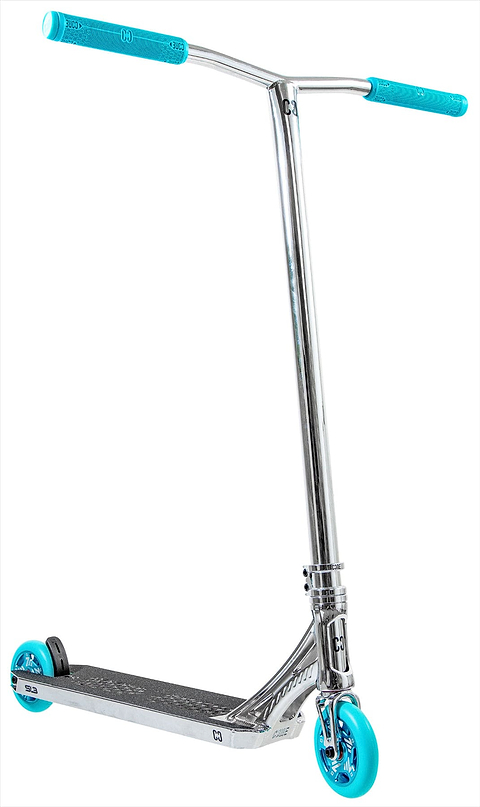 The CORE SL3 Complete Stunt Scooter by CORE features a chrome finish with teal handlebar grips and wheels. Its textured deck ensures grip, making this lightweight scooter ideal for skateparks. Seen at an angle on a white background.