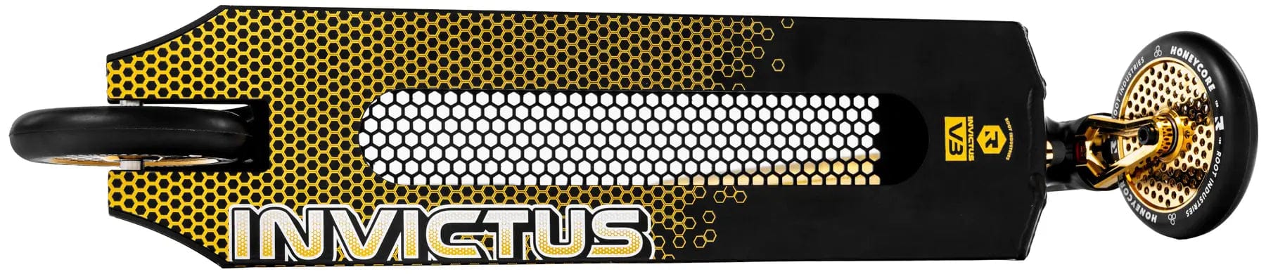 Top-down view of the Root Industries Invictus V3 Complete Stunt Scooter - Burnt Gold, featuring a honeycomb deck pattern, bold "INVICTUS" text, and striking gold wheels and hardware.