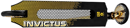 Top-down view of the Root Industries Invictus V3 Complete Stunt Scooter - Burnt Gold, featuring a honeycomb deck pattern, bold "INVICTUS" text, and striking gold wheels and hardware.