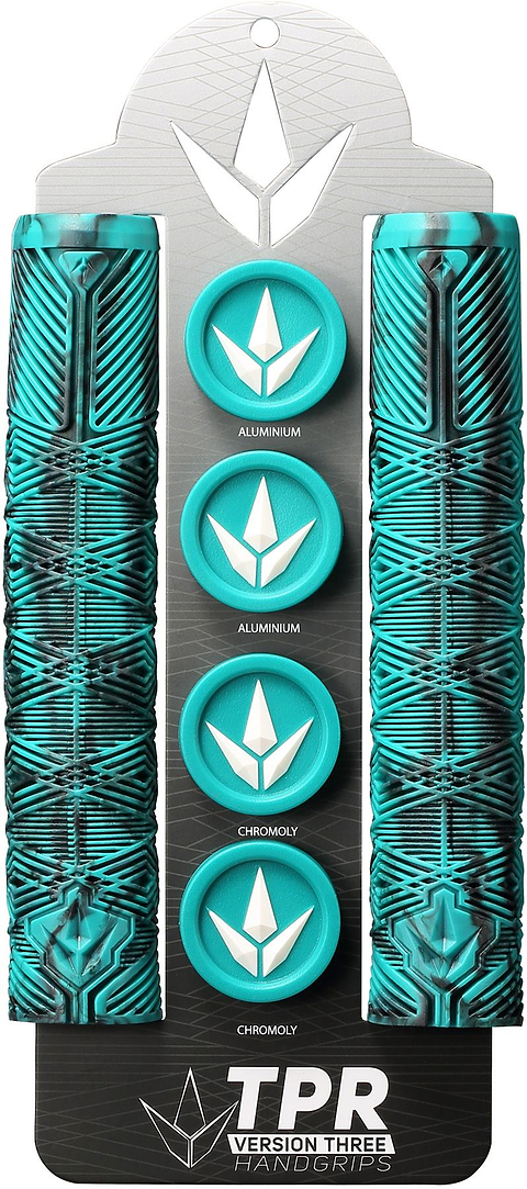 The Blunt Envy V3 Black/Teal Stunt Scooter Grips - 160mm set includes two textured grips and four teal end caps, labeled "aluminum" and "chromoly." Ideal for fans of Blunt Envy's TPR Version Three Handgrips.