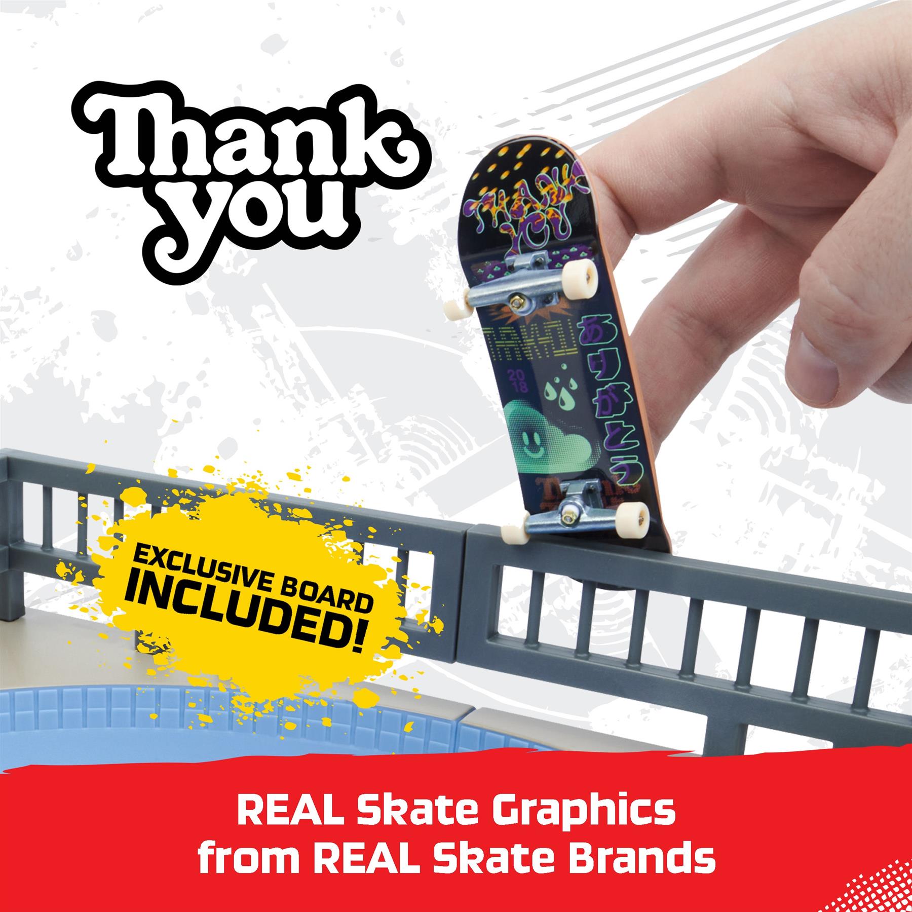 Two fingers ride a Tech Deck X-Connect Fingerboard Daewon Mega Bowl with bold graphics on a rail. Text reads, "Thank you," "Exclusive board included!" and "REAL skate graphics from REAL skate brands.