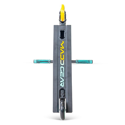 Bottom view of the Madd Gear MG 2 Obsidian Complete Stunt Scooter - DJ Rilla with teal handlebars, yellow front wheel, black rear wheel, and "MAD GEAR" on the deck. High-speed ABEC-5 chrome bearings ensure smooth performance. Brand: Madd Gear (MGP).
