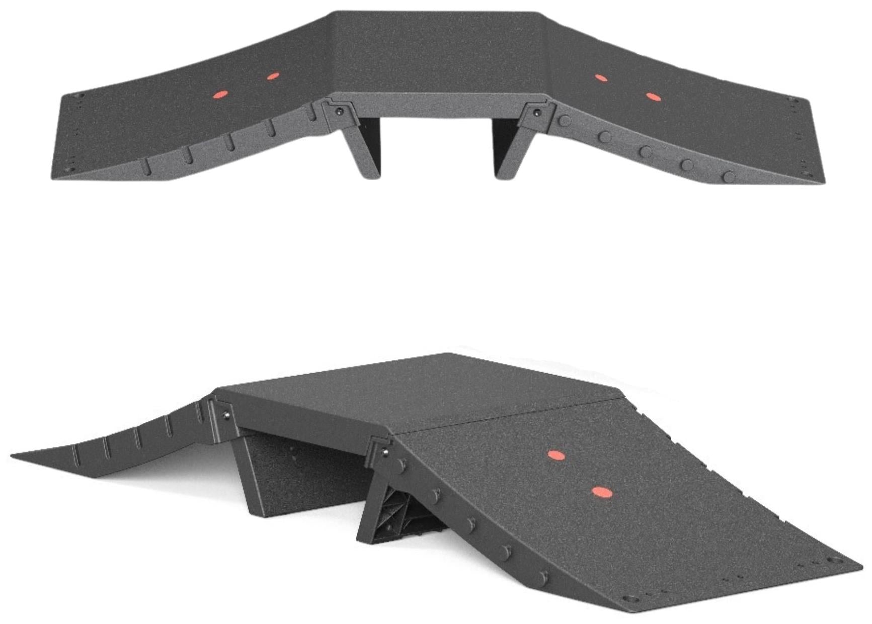 Two views of a black CORE Mini Funbox Connector ramp with side wings and two red dots, featuring angled edges and textured surfaces. Shown from the front and side, this modular ramp is compatible with other CORE setups.