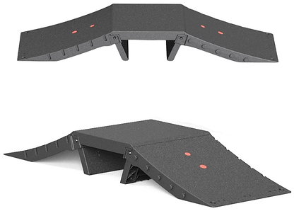Two views of a black CORE Mini Funbox Connector ramp with side wings and two red dots, featuring angled edges and textured surfaces. Shown from the front and side, this modular ramp is compatible with other CORE setups.